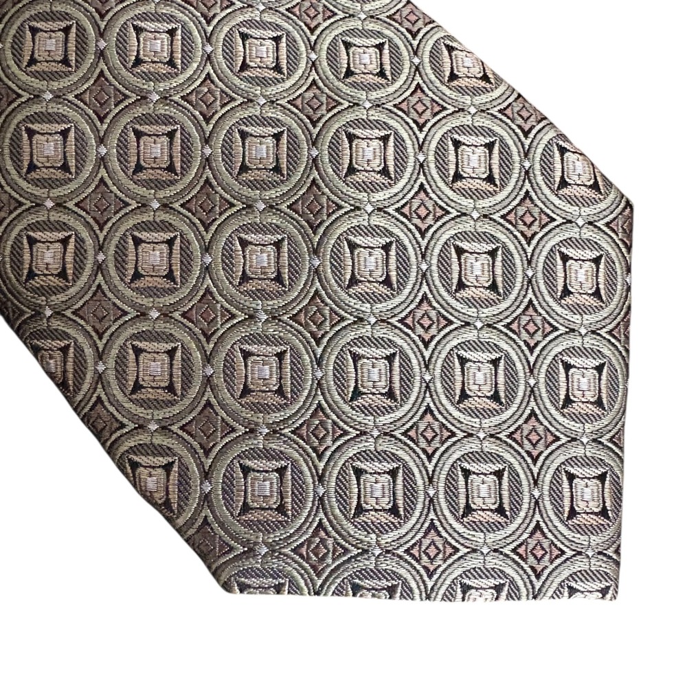 Pronto Uomo Couture 100% Silk Tie Geometric Circle Square Pattern Brown Green
